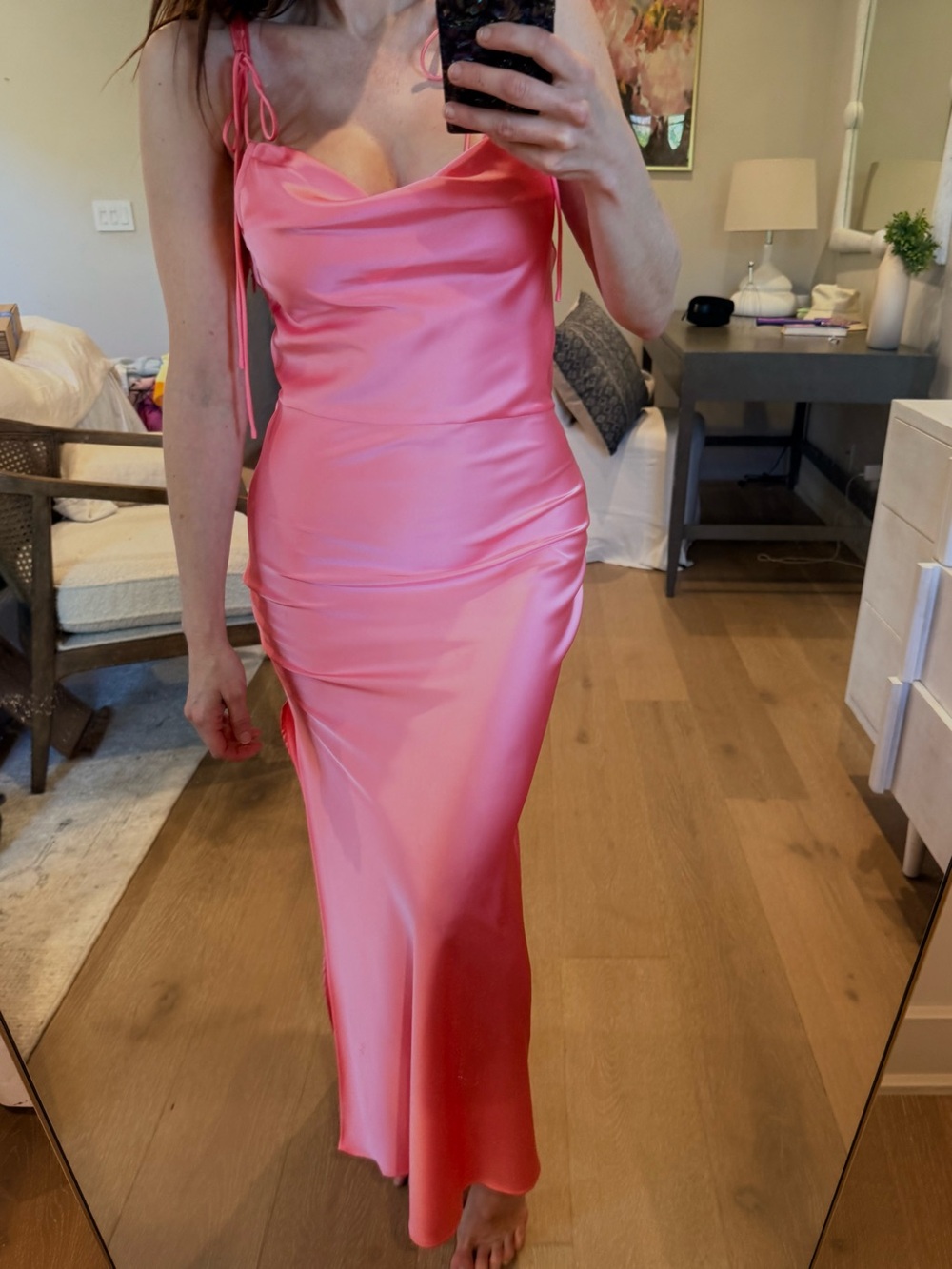 Pink Satin Cowl Neck Slip Dress